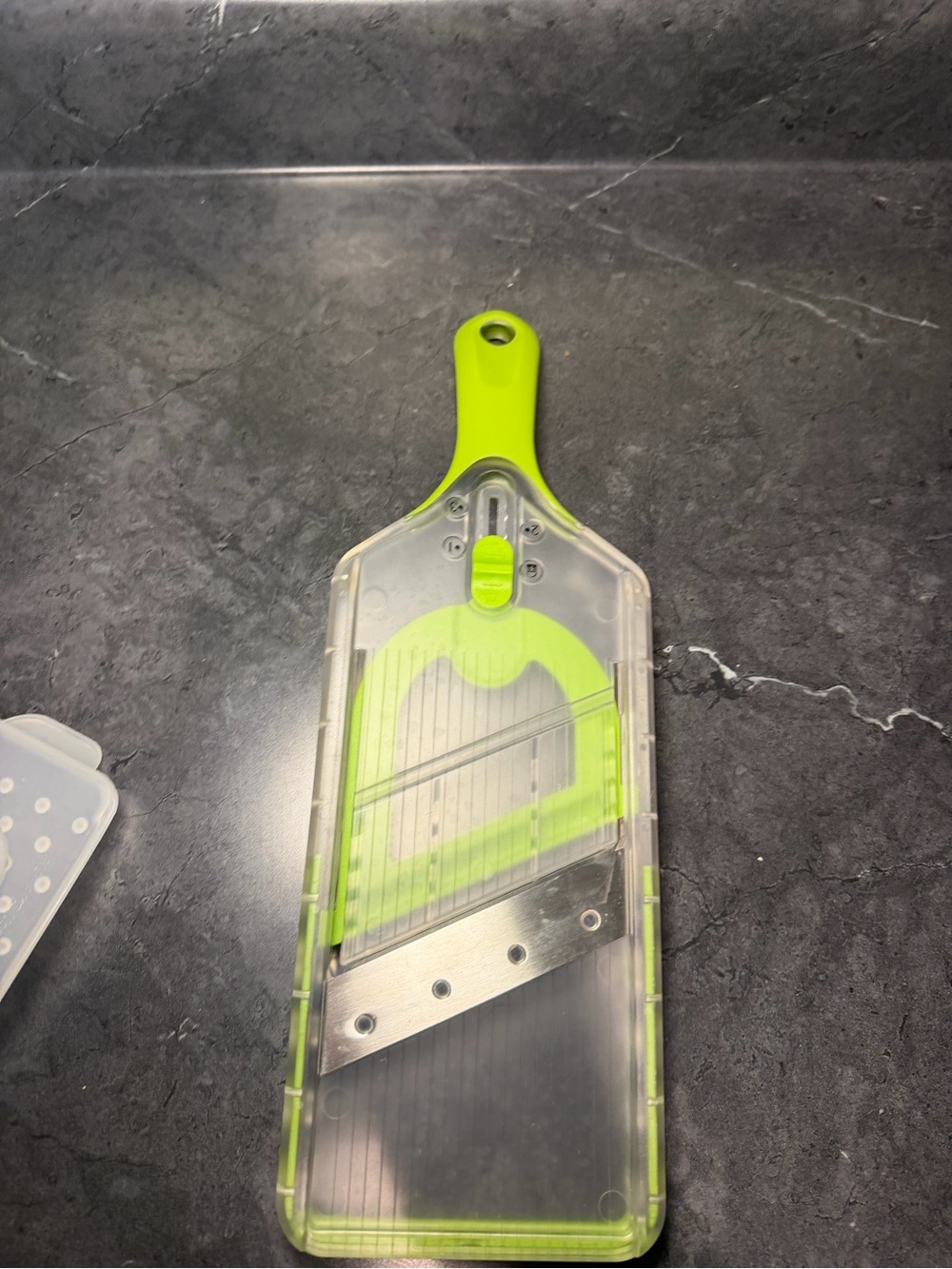 Hand-held mandoline slicer Fruits  Vegies, green V-shaped stainless steel blade
